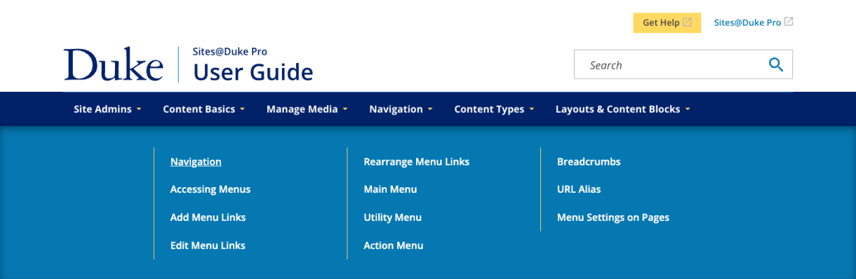 Sites@Duke Pro white header color scheme with expanded main menu