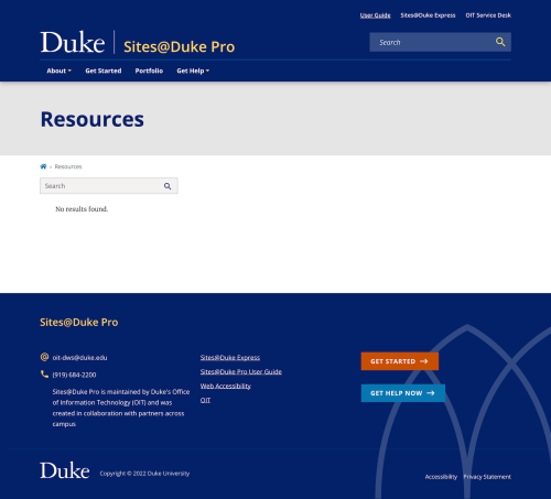 Sites@Duke Pro website Resources page gives a "Results Not Found" message