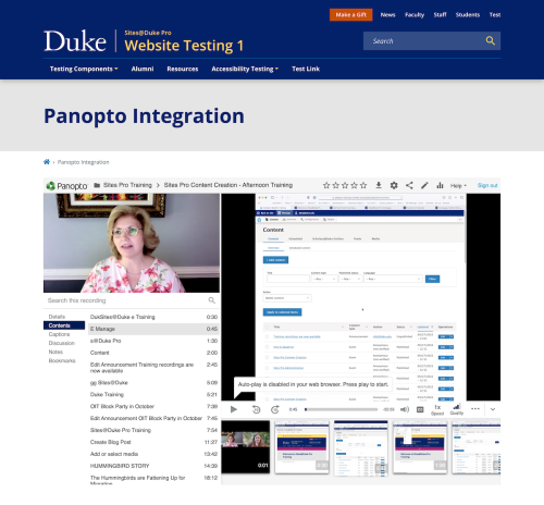 Panopto training video embedded within a Sites@Duke Pro website page