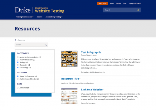 A Sites@Duke Pro website page featuring a searchable and filterable list of resource items