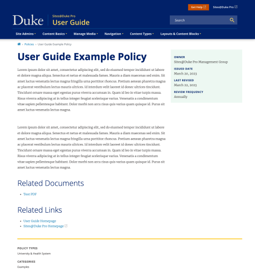 A webpage titled User Guide Example Policy