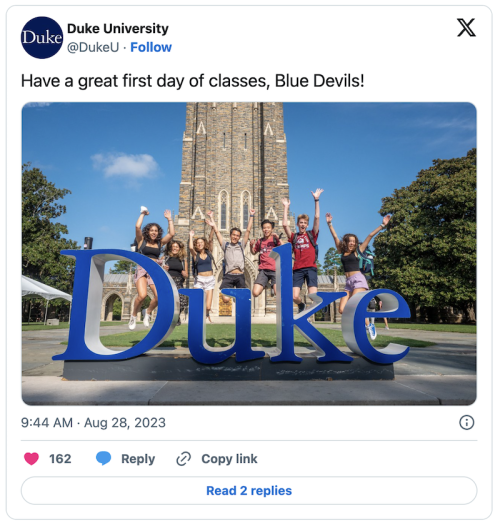 Tweet featuring an image of students jumping next to a Duke sign in front of the Duke Chapel on the first day of classes