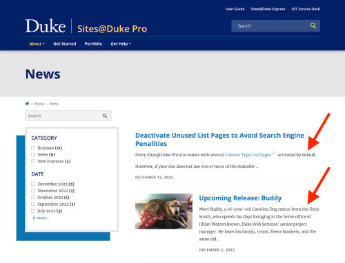 Sites@Duke Pro webpage of News items, with arrows pointing to the Summary text